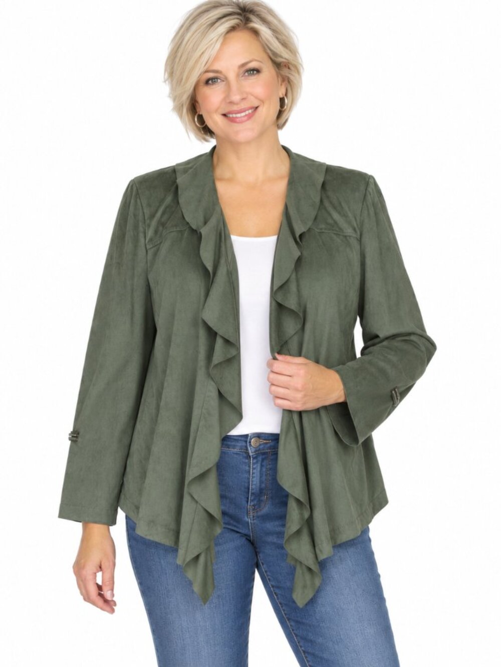 NWT Chico's OTR 3 XL 16 18 Pine Green Faux Suede Open Ruffle Front Tunic Jacket